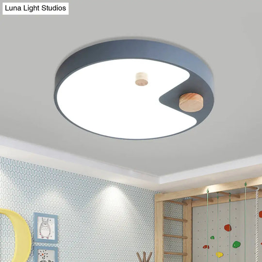 Kids Acrylic Ring Flush Mount Led Ceiling Light With Wood Decor - White/Grey/Blue Bedroom Lighting