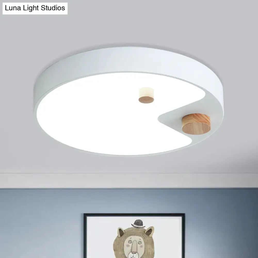 Kids Acrylic Ring Flush Mount Led Ceiling Light With Wood Decor - White/Grey/Blue Bedroom Lighting