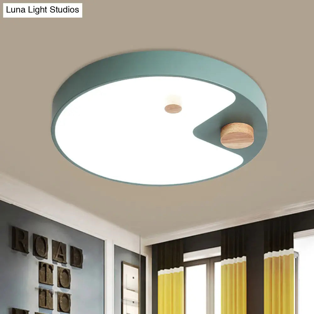 Kids Acrylic Ring Flush Mount Led Ceiling Light With Wood Decor - White/Grey/Blue Bedroom Lighting