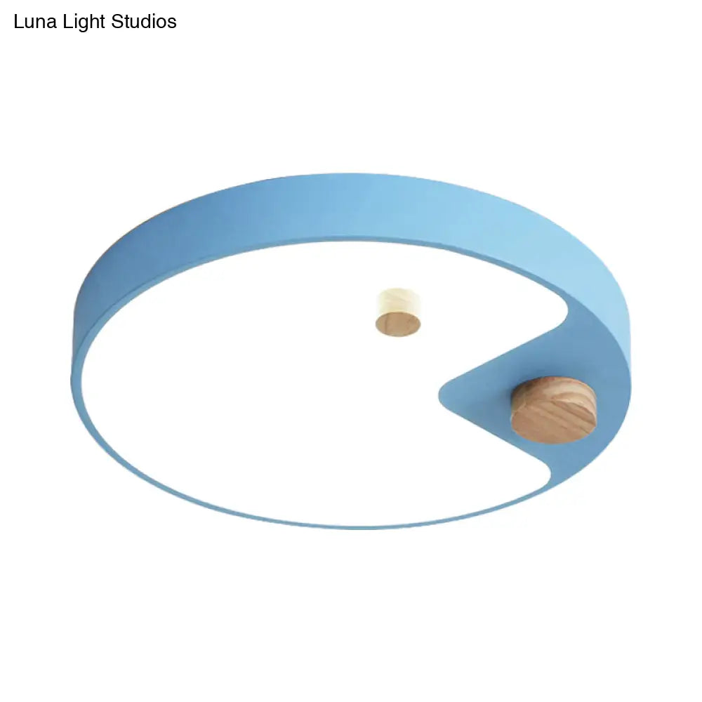 Kids Acrylic Ring Flush Mount Led Ceiling Light With Wood Decor - White/Grey/Blue Bedroom Lighting