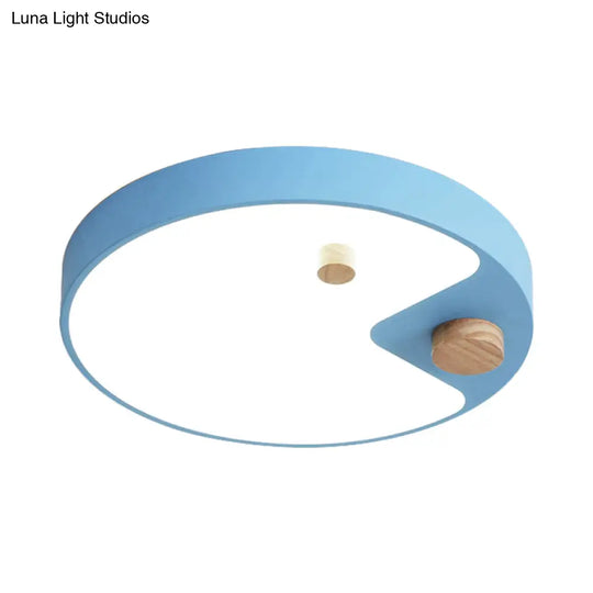 Kids Acrylic Ring Flush Mount Led Ceiling Light With Wood Decor - White/Grey/Blue Bedroom Lighting