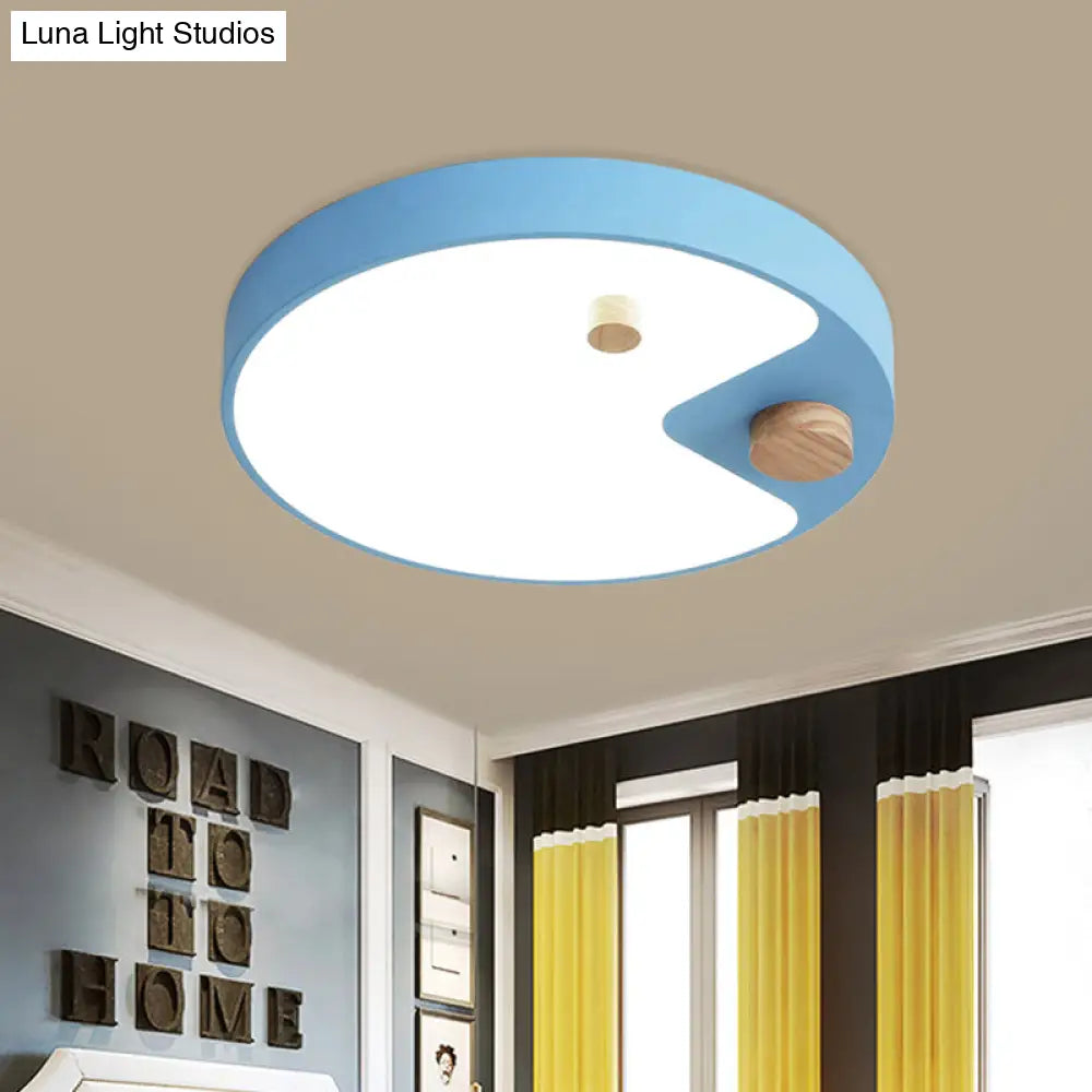 Kids Acrylic Ring Flush Mount Led Ceiling Light With Wood Decor - White/Grey/Blue Bedroom Lighting