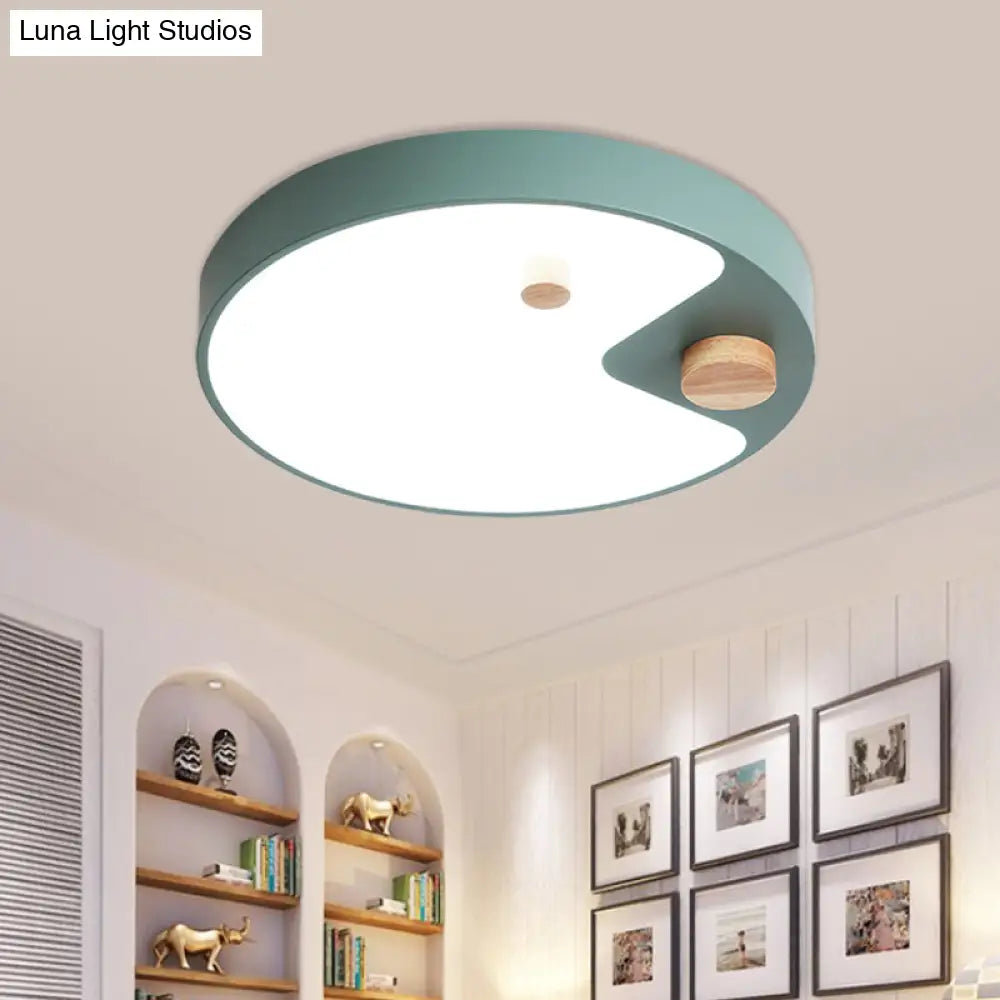 Kids Acrylic Ring Flush Mount Led Ceiling Light With Wood Decor - White/Grey/Blue Bedroom Lighting