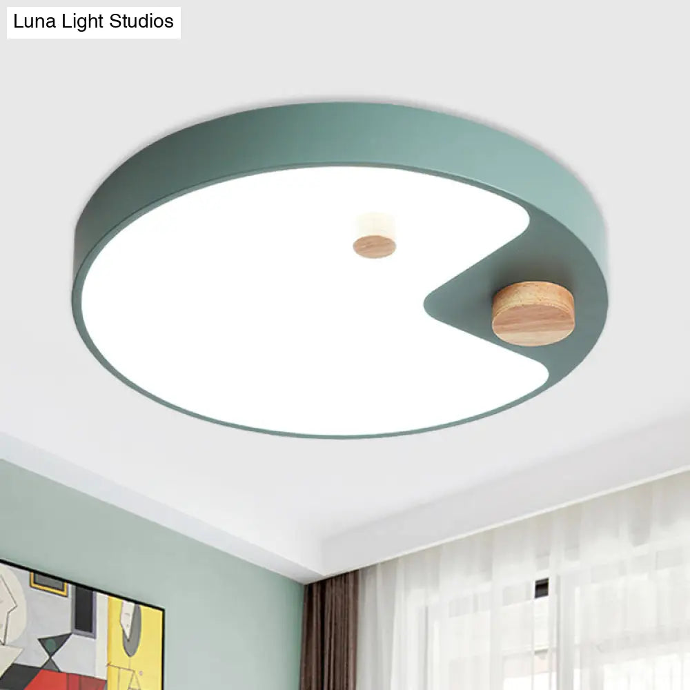 Kids Acrylic Ring Flush Mount Led Ceiling Light With Wood Decor - White/Grey/Blue Bedroom Lighting