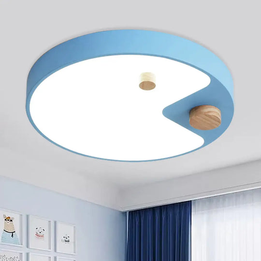 Kids Acrylic Ring Flush Mount Led Ceiling Light With Wood Decor - White/Grey/Blue Bedroom Lighting