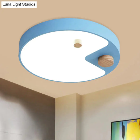 Kids Acrylic Ring Flush Mount Led Ceiling Light With Wood Decor - White/Grey/Blue Bedroom Lighting