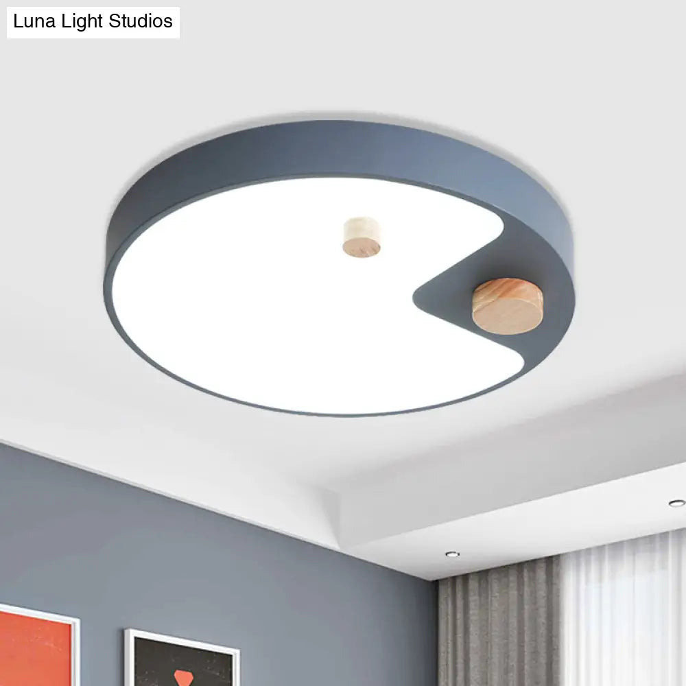 Kids Acrylic Ring Flush Mount Led Ceiling Light With Wood Decor - White/Grey/Blue Bedroom Lighting