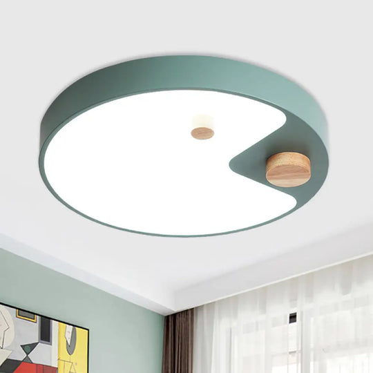 Kids Acrylic Ring Flush Mount Led Ceiling Light With Wood Decor - White/Grey/Blue Bedroom Lighting