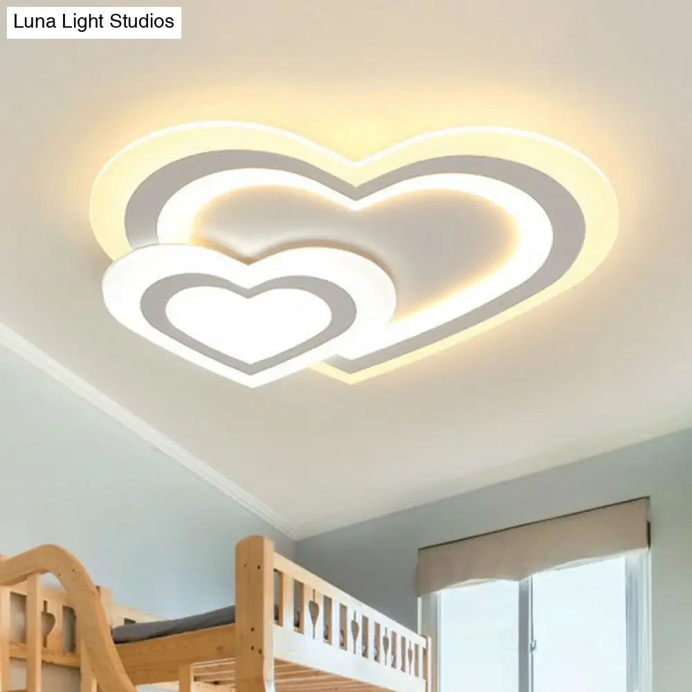 Kids Acrylic Shaded Flush Mount Lighting: White Led Fixture For Bedroom / 2 Color Loving Heart