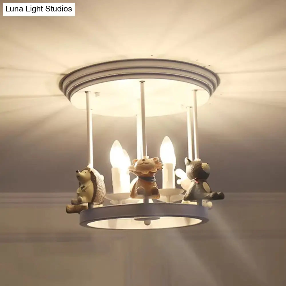 Kids Animal Metal Semi Flush Mount Ceiling Light With 4 Modern White Candle-Lights