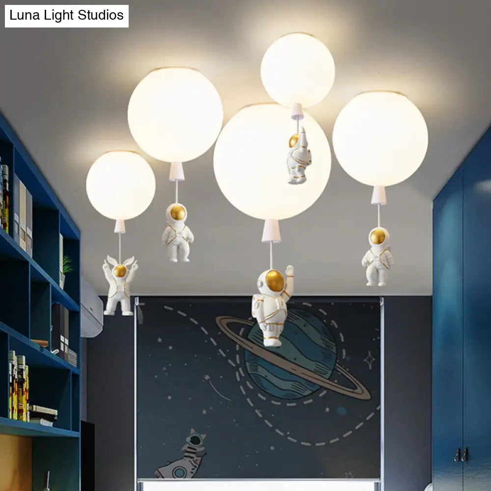 Kids Astronaut And Balloon Ceiling Light White 1-Bulb Flush Mount With Acrylic Shade