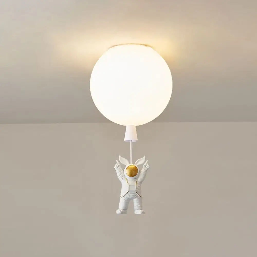Kids Astronaut And Balloon Ceiling Light – White 1 - Bulb Flush Mount With Acrylic Shade / 8’ Flying