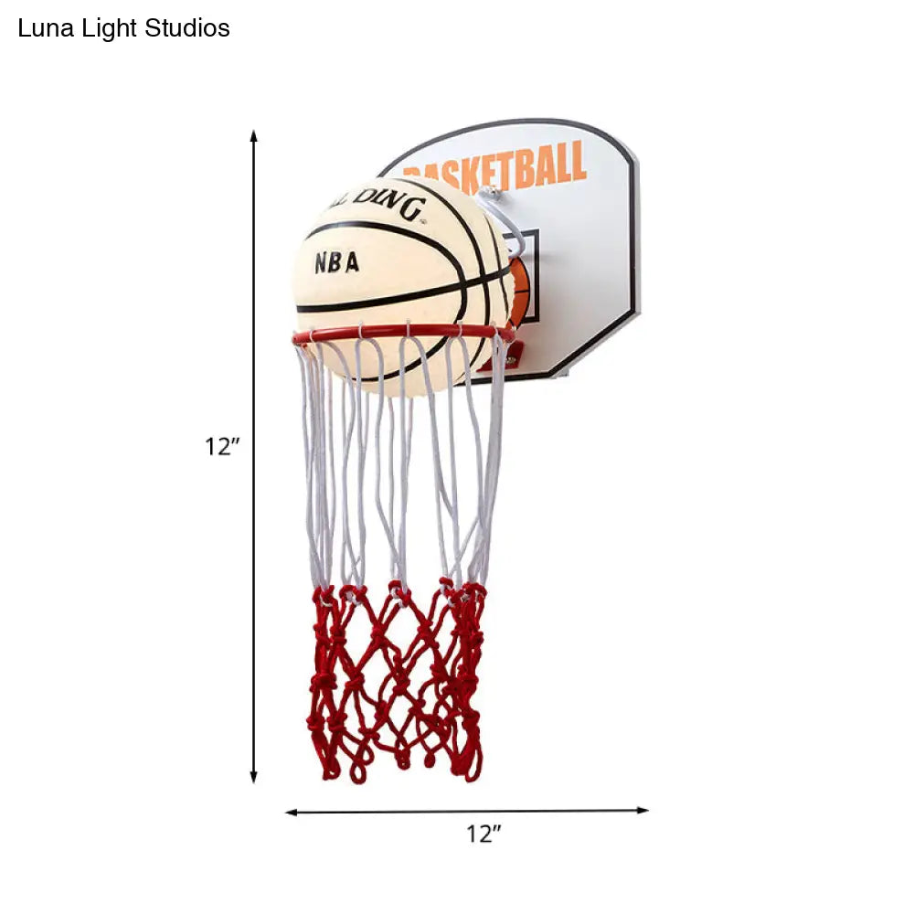 Kids Basketball Wall Light Sconce With Cartoon Basket Frame Shape And Opal Glass Shade In Red