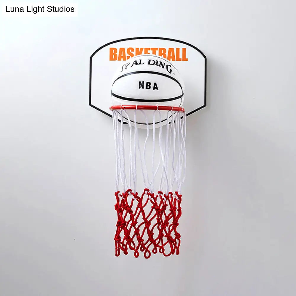 Kids Basketball Wall Light Sconce With Cartoon Basket Frame Shape And Opal Glass Shade In Red