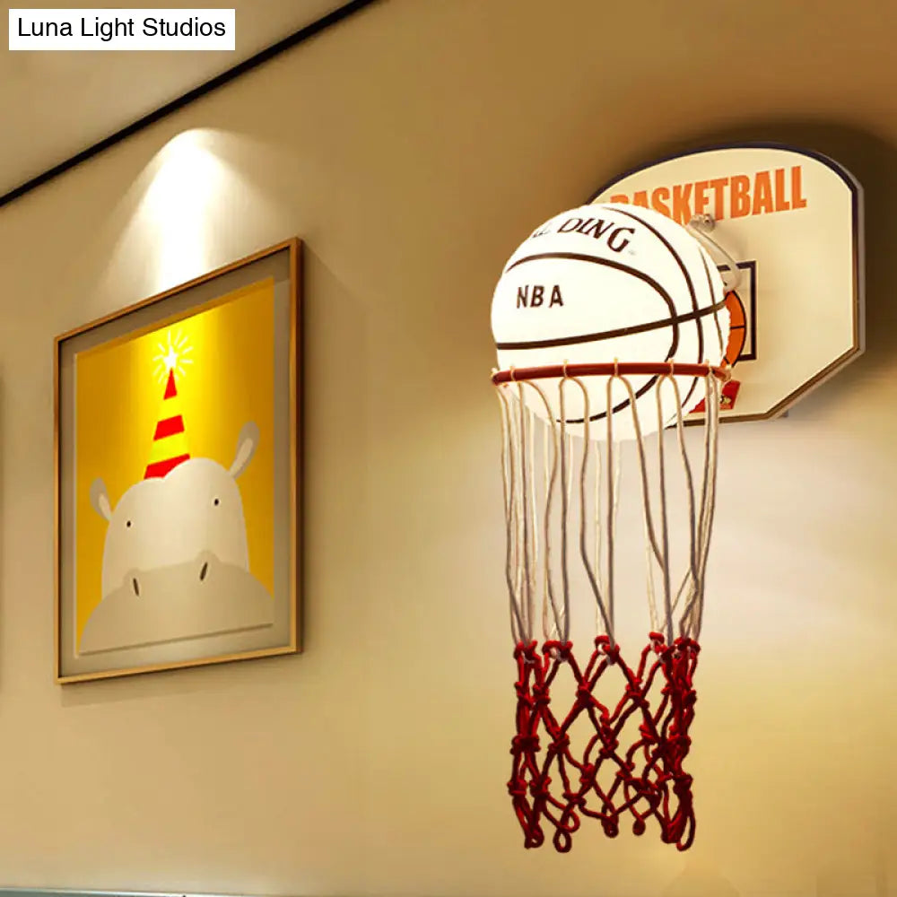 Kids Basketball Wall Light Sconce With Cartoon Basket Frame Shape And Opal Glass Shade In Red