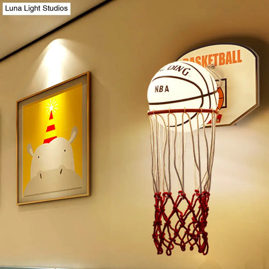 Kids Basketball Wall Light Sconce With Cartoon Basket Frame Shape And Opal Glass Shade In Red