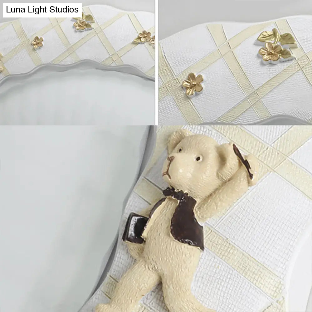 Kids Bear Flush Mount Ceiling Light For Baby Bedroom - White Fluted Glass Lamp