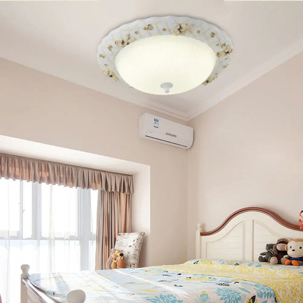 Kids Bear Flush Mount Ceiling Light For Baby Bedroom - White Fluted Glass Lamp /