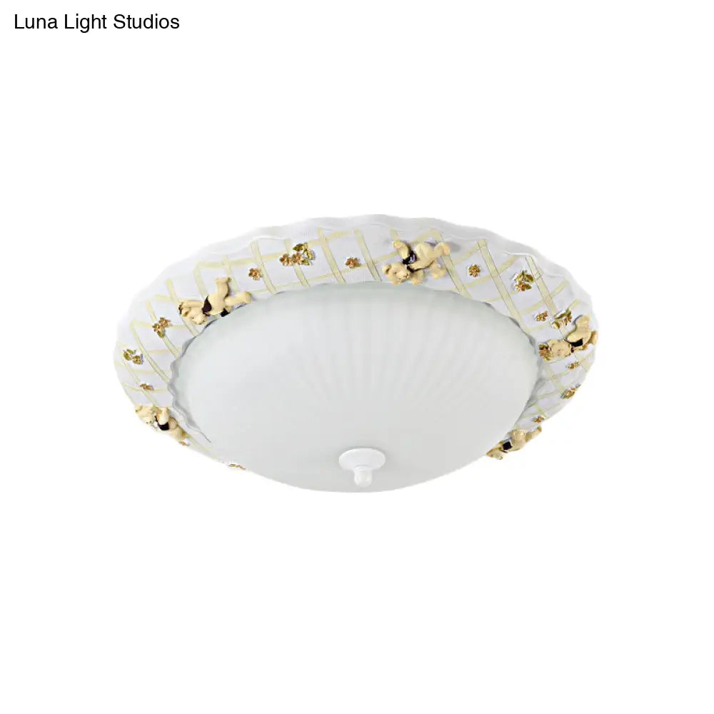 Kids Bear Flush Mount Ceiling Light For Baby Bedroom - White Fluted Glass Lamp