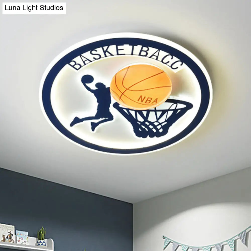 Kids Bedroom Basketball Led Flush-Mount Ceiling Light - Orange/White Glass Fixture Orange