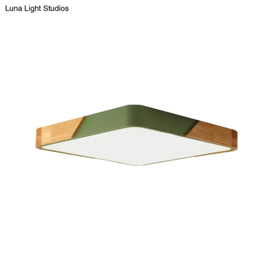 Kids Bedroom Ceiling Light - Nordic Green Square Flush Mount With Wood And Acrylic Shade / 12 White