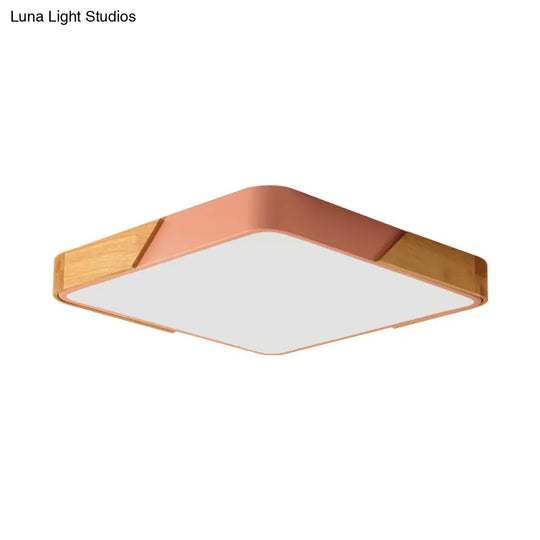 Kids Bedroom Ceiling Light - Nordic Green Square Flush Mount With Wood And Acrylic Shade Pink / 12