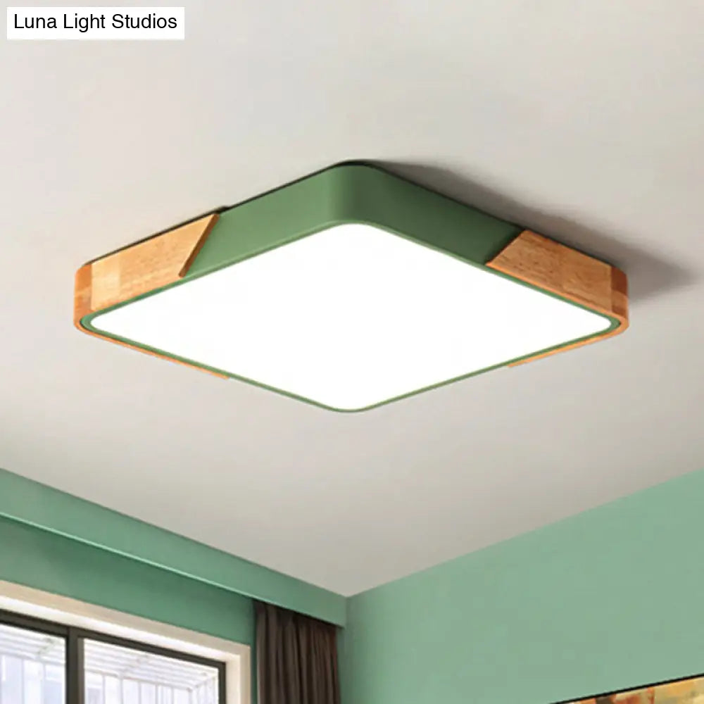 Kids Bedroom Ceiling Light - Nordic Green Square Flush Mount With Wood And Acrylic Shade