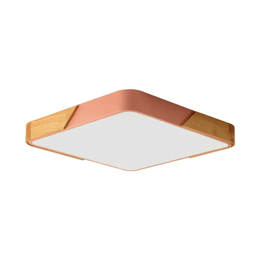 Kids Bedroom Ceiling Light - Nordic Green Square Flush Mount With Wood And Acrylic Shade Pink /