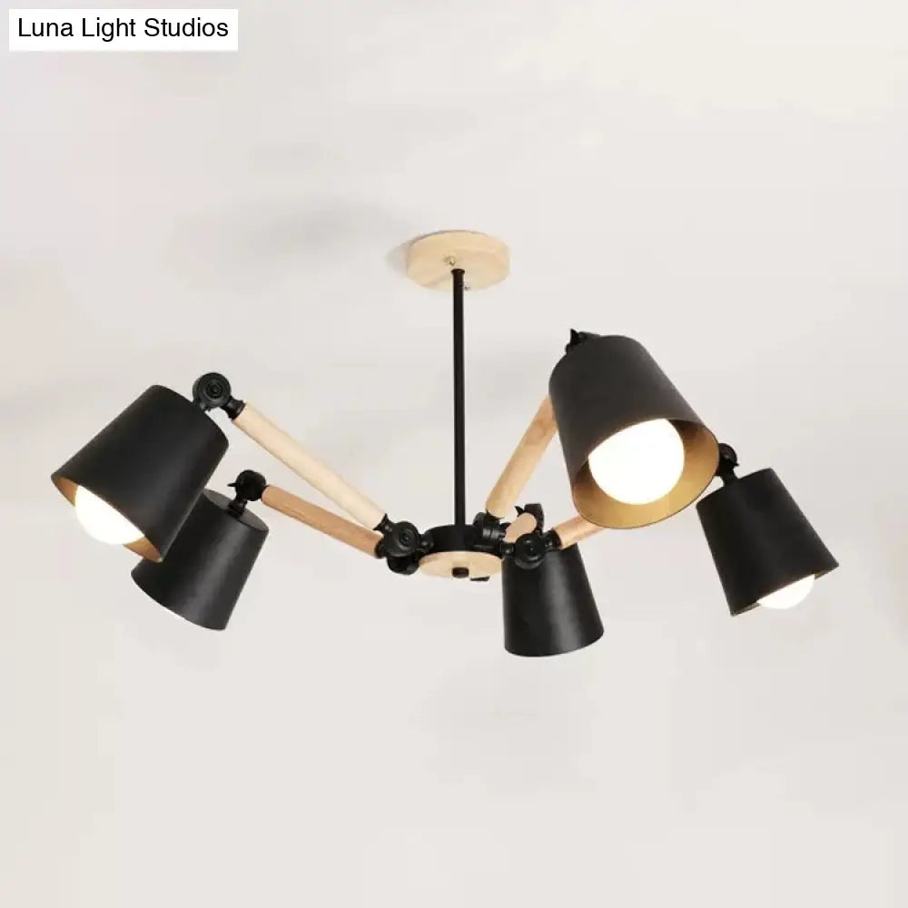 Kids Bedroom Chandelier - Adjustable Arm Wood Pendant Light With Modern Tapered Shade