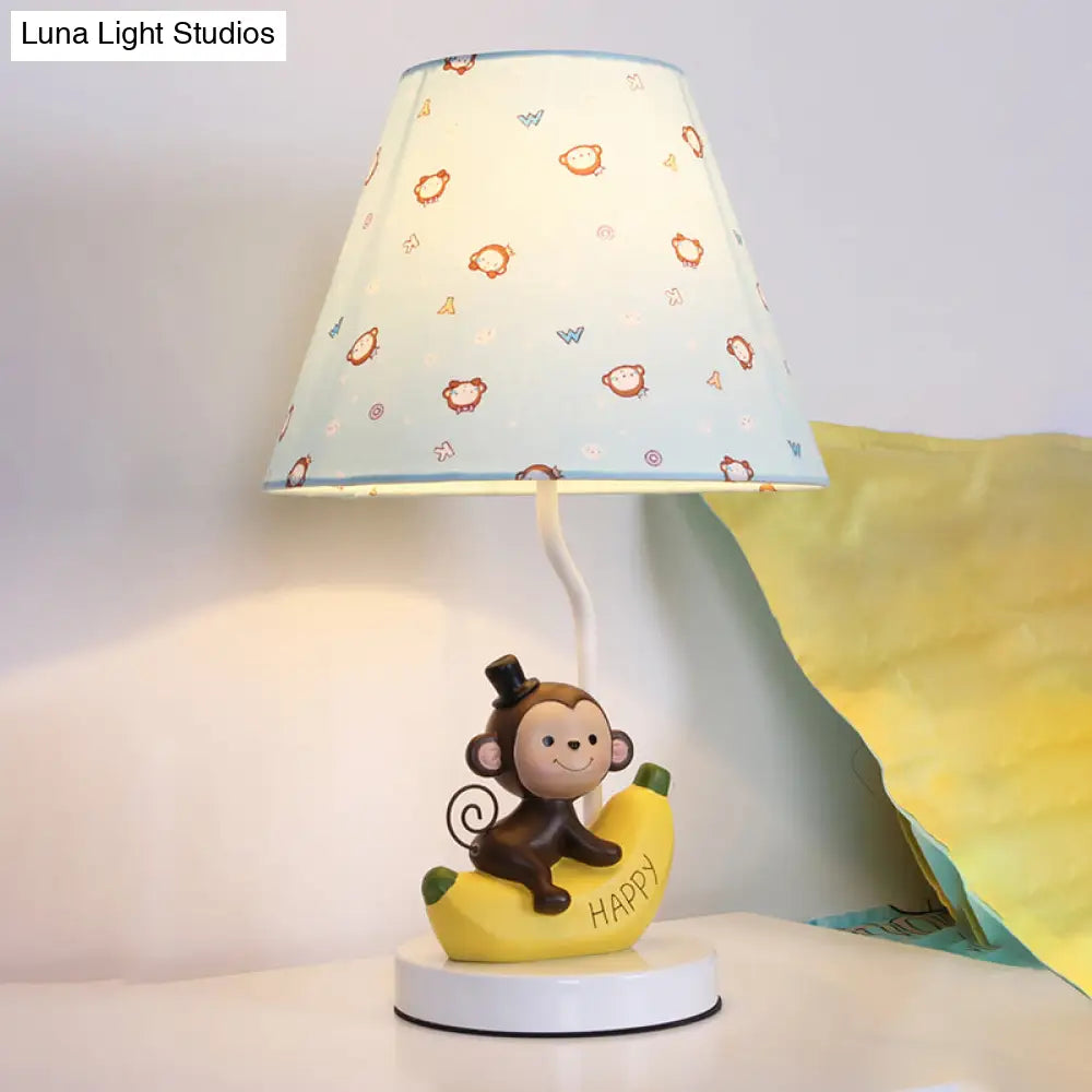 Kids Bedroom Fabric Floral Table Light With Monkey Cartoon Reading Lamp In Beige