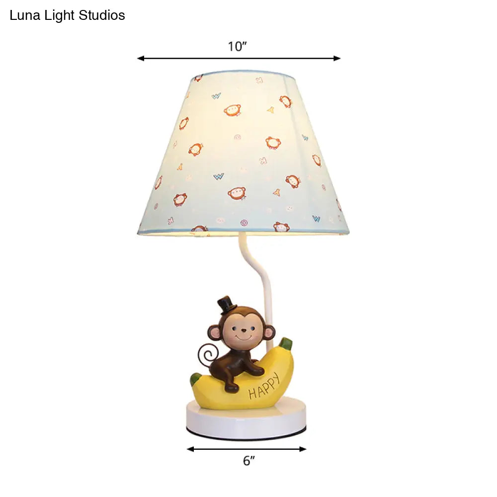 Kids Bedroom Fabric Floral Table Light With Monkey Cartoon Reading Lamp In Beige