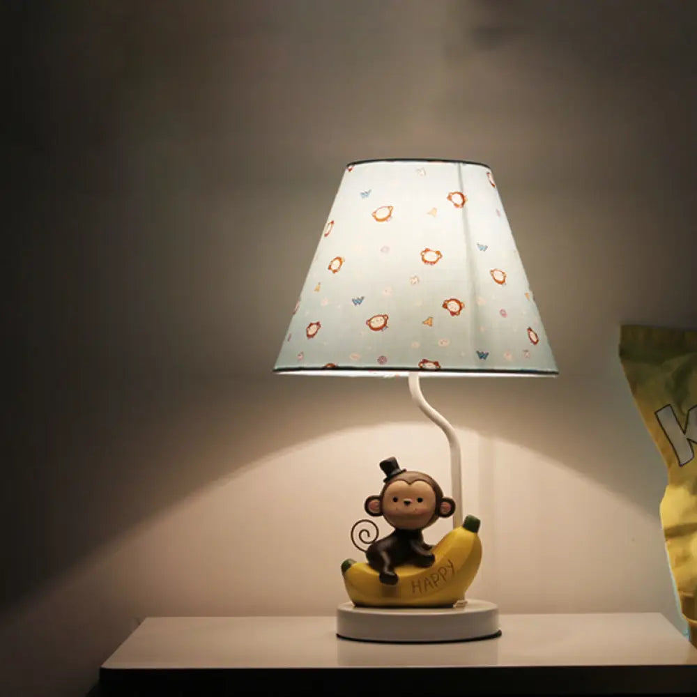 Kids Bedroom Fabric Floral Table Light With Monkey Cartoon Reading Lamp In Beige