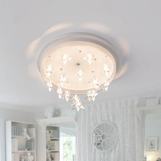 Kids Bedroom Led Ceiling Fixture: Modern Circle Flush Mount Lighting With Star Drape Warm/White