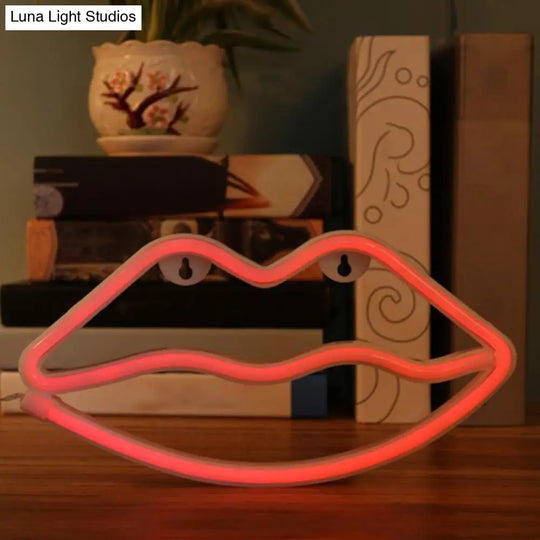 Kids Bedroom Lip Shaped Neon Wall Light Battery Powered Led Plastic Art White