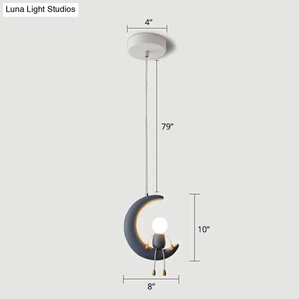 Resin Moon & Stick Figure Hanging Light - Creative 1-Head Pendant For Kids Bedroom Blue