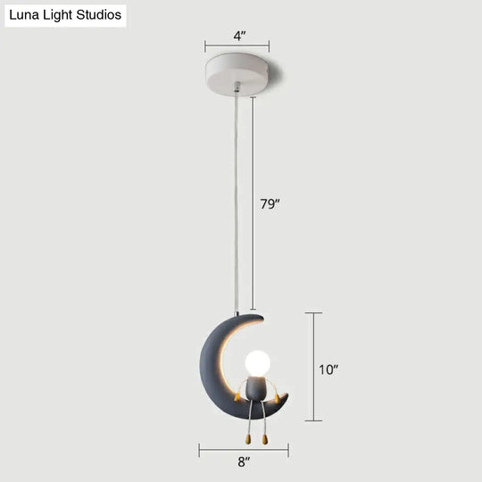 Resin Moon & Stick Figure Hanging Light - Creative 1-Head Pendant For Kids Bedroom Blue