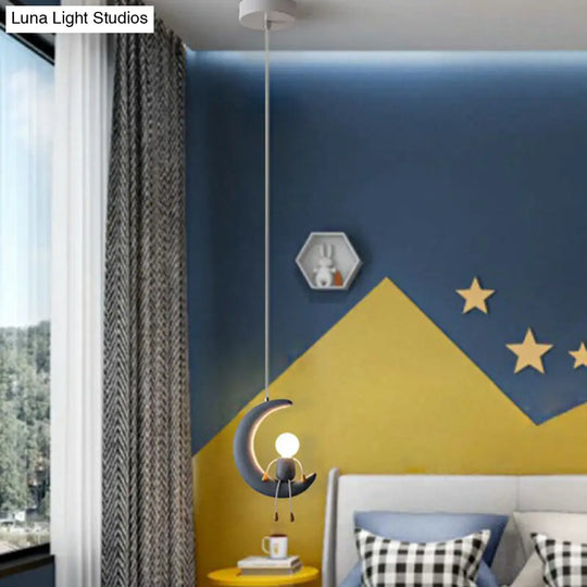 Resin Moon & Stick Figure Hanging Light - Creative 1-Head Pendant For Kids Bedroom