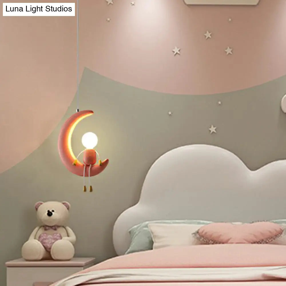 Resin Moon & Stick Figure Hanging Light - Creative 1-Head Pendant For Kids Bedroom