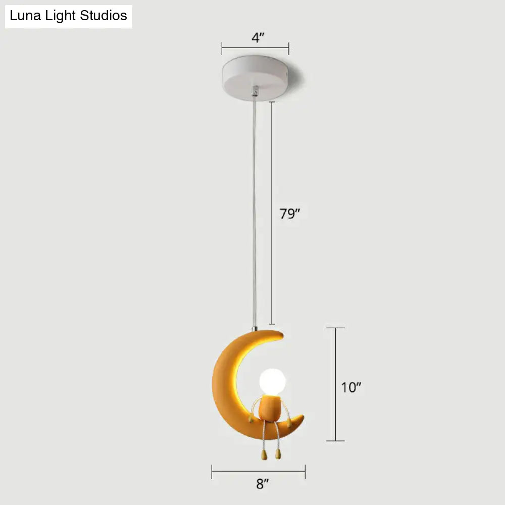 Resin Moon & Stick Figure Hanging Light - Creative 1-Head Pendant For Kids Bedroom Yellow