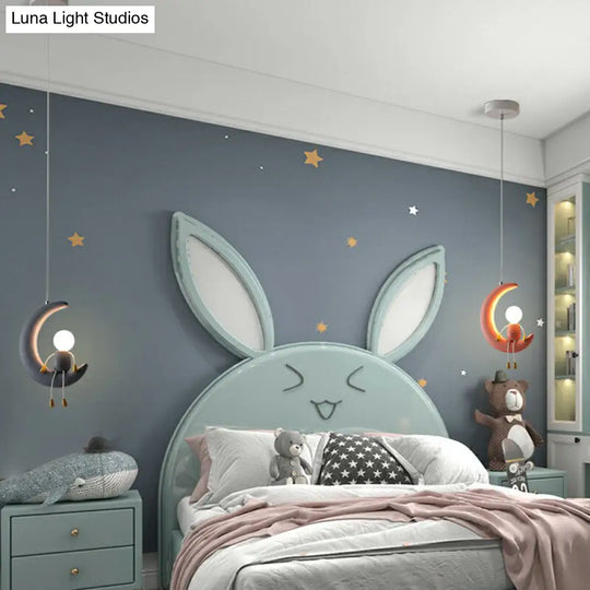 Resin Moon & Stick Figure Hanging Light - Creative 1-Head Pendant For Kids Bedroom