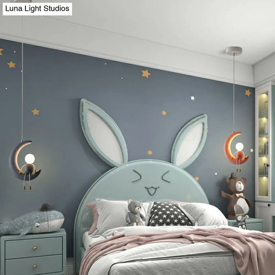 Kid’s Bedroom Moon & Stick Figure Pendant Light - Creative Resin Design With 1 Head Drop