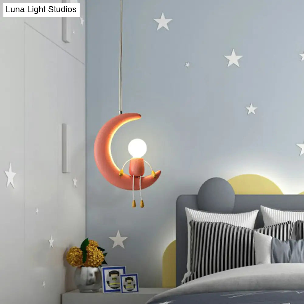 Kid’s Bedroom Moon & Stick Figure Pendant Light - Creative Resin Design With 1 Head Drop