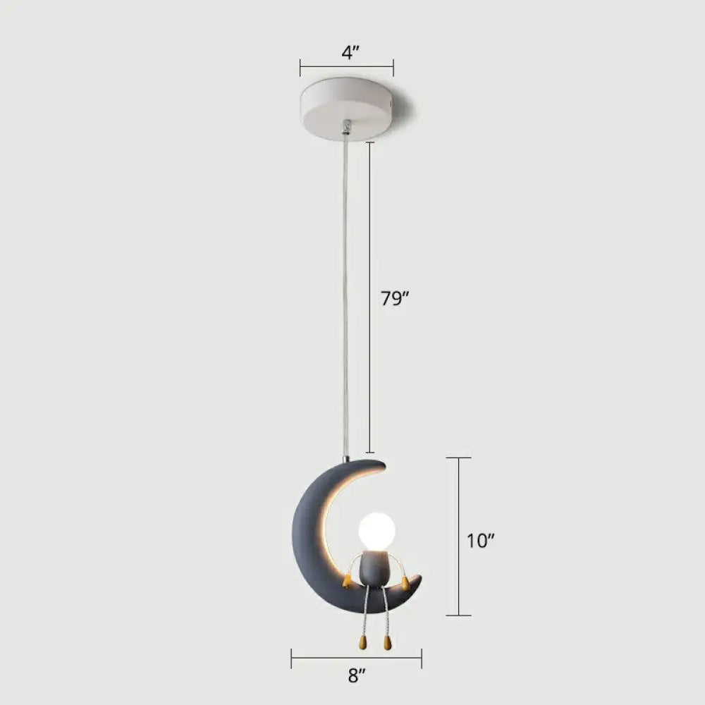 Kid’s Bedroom Moon & Stick Figure Pendant Light - Creative Resin Design With 1 Head Drop Blue