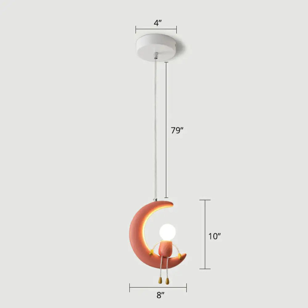 Kid’s Bedroom Moon & Stick Figure Pendant Light - Creative Resin Design With 1 Head Drop Pink