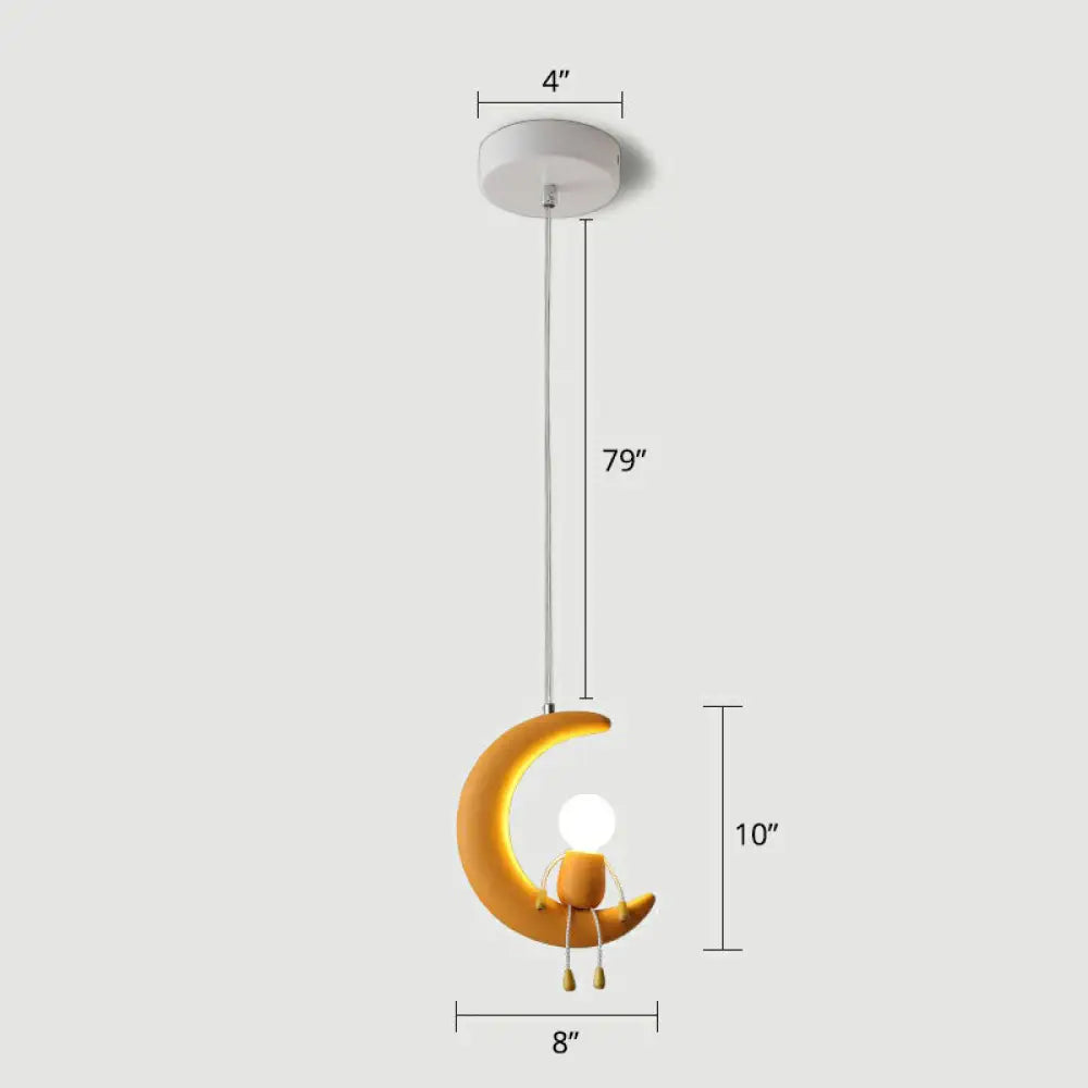 Kid’s Bedroom Moon & Stick Figure Pendant Light - Creative Resin Design With 1 Head Drop Yellow