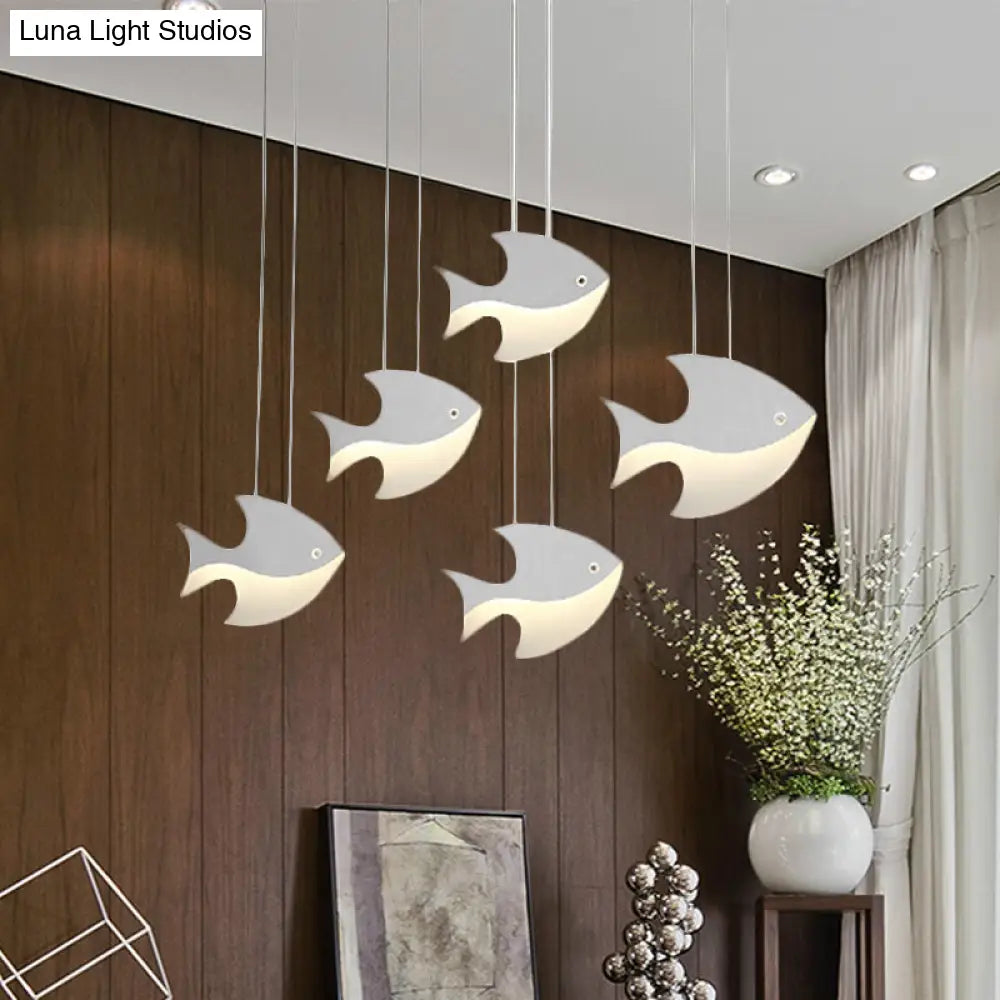 Kids Bedroom Pendant Light - Modern Metal Fixture With Cord And Fish Design White