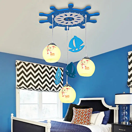 Kids Bedroom Seaside Sheep Hanging Lamp With 3 Blue Glass Pendant Lights