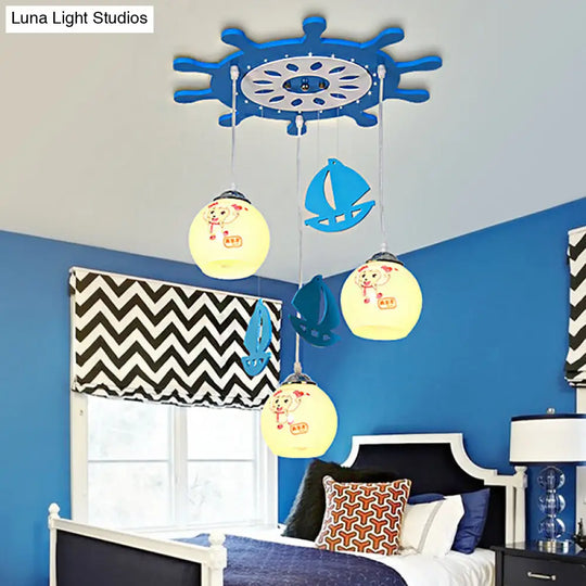 Kids Bedroom Seaside Sheep Hanging Lamp With 3 Blue Glass Pendant Lights