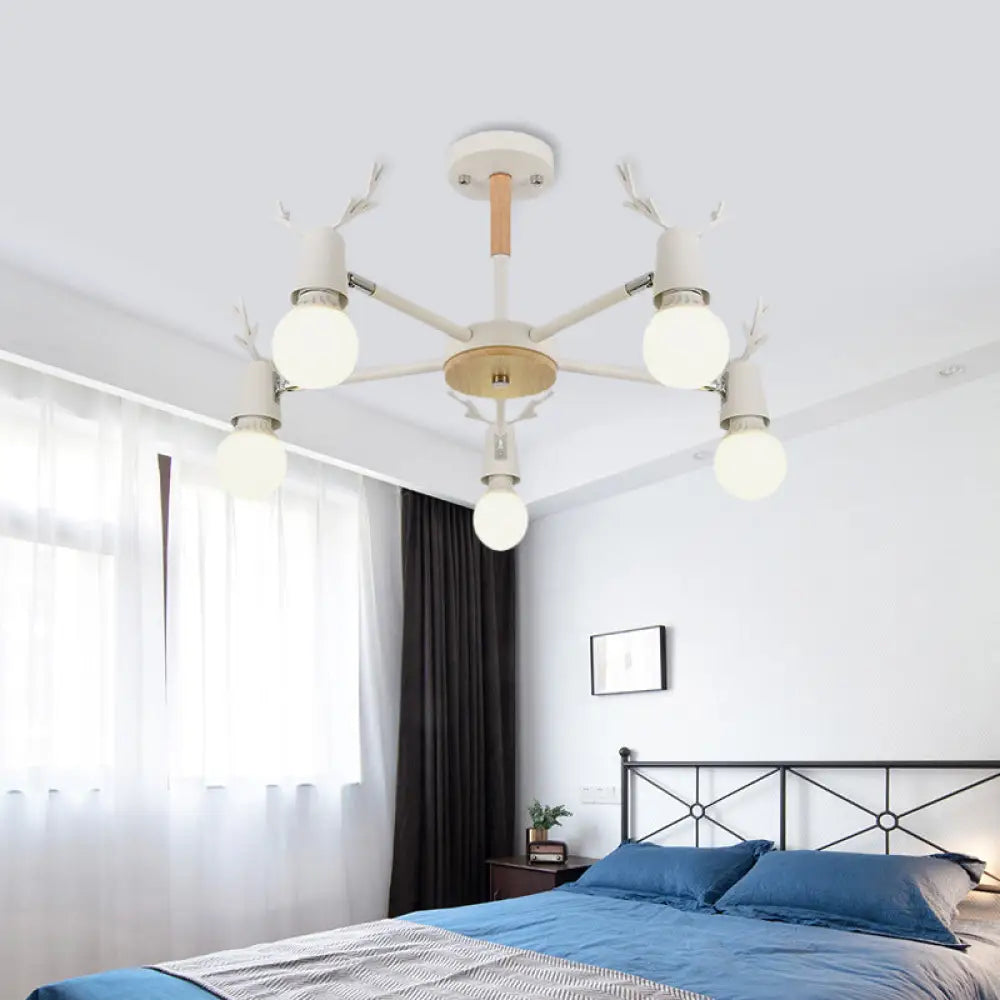 Kids’ Bedroom Semi Flush Ceiling Light With Modern Antler Decoration 5 / White