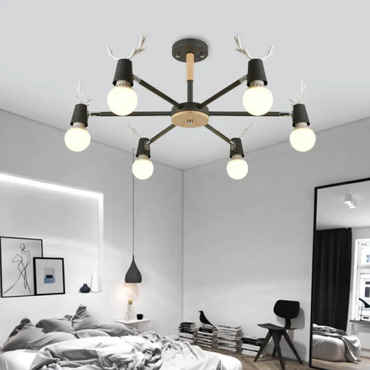 Kids’ Bedroom Semi Flush Ceiling Light With Modern Antler Decoration 6 / Black